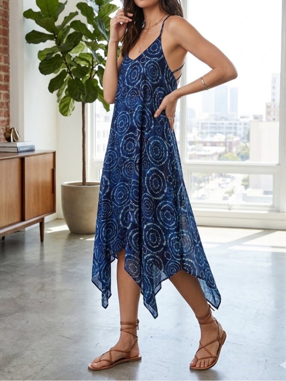 AQUA Slip Dress 90’s Inspired Midi Medallion Print Sleeveless Asymmetric Hem XS